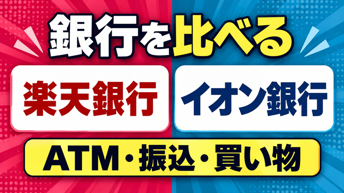 楽天銀行とイオン銀行を、ATM・振込・買い物で比較するトップ画像