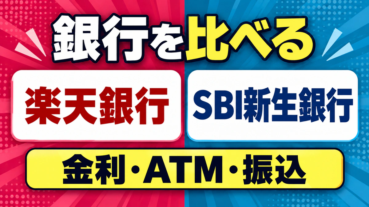 楽天銀行とSBI新生銀行を、金利・ATM・振込で比較するトップ画像