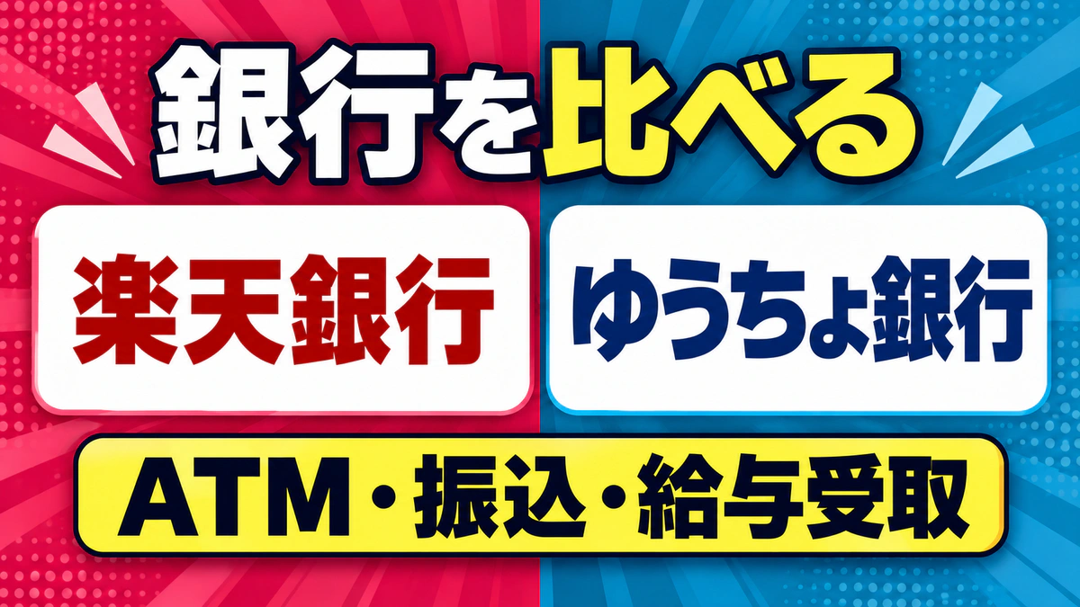 楽天銀行とゆうちょ銀行を、ATM・振込・給与受取で比較するトップ画像
