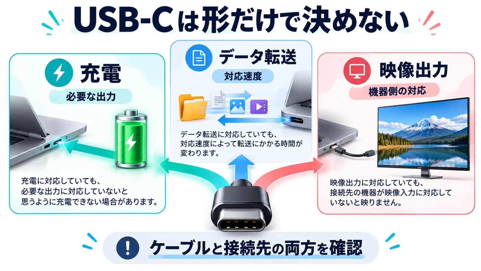 USB-Cは端子の形だけでなく充電・転送・映像出力の対応を確認