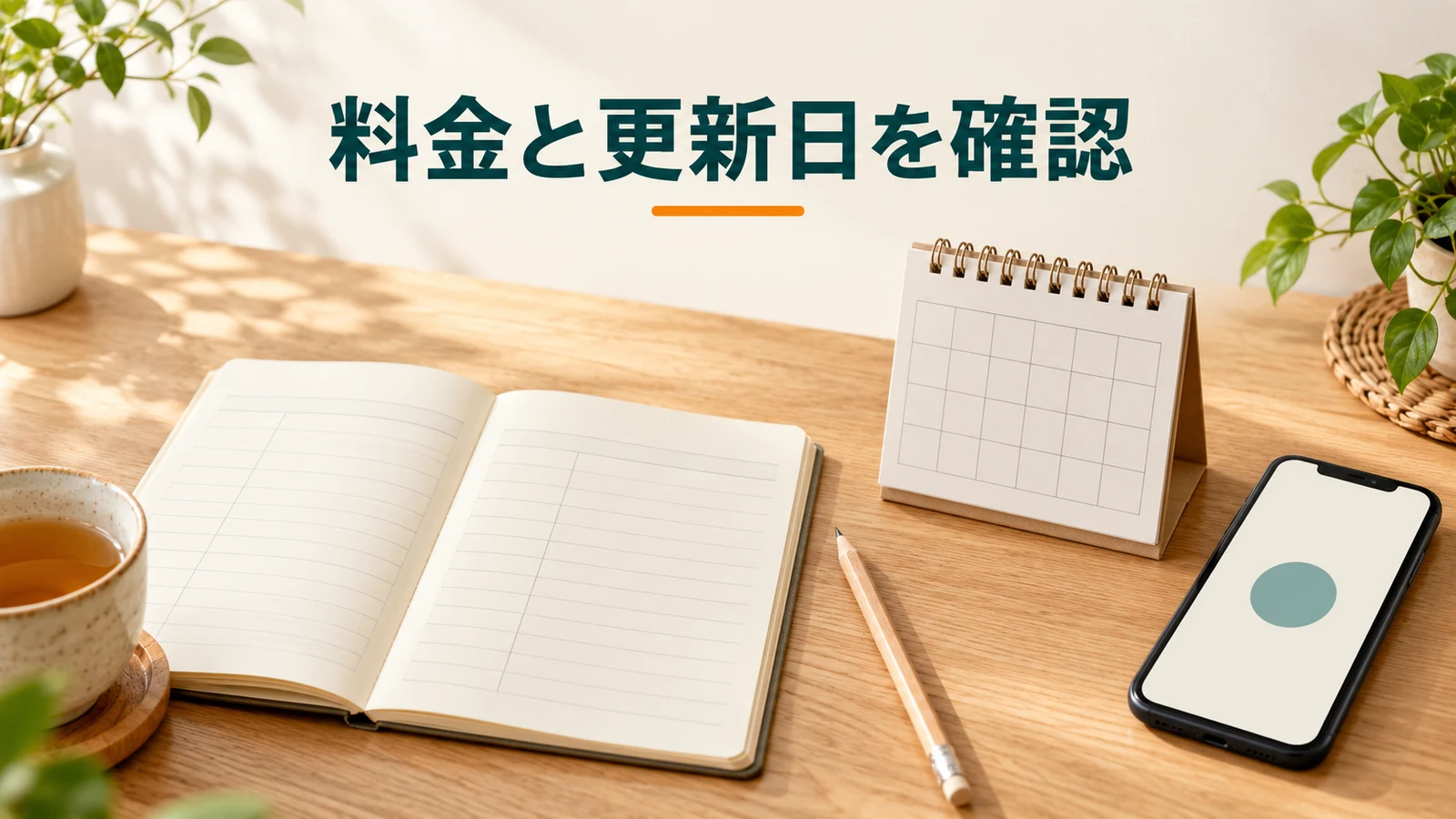 家計ノートとカレンダーで料金と更新日を確認するイメージ