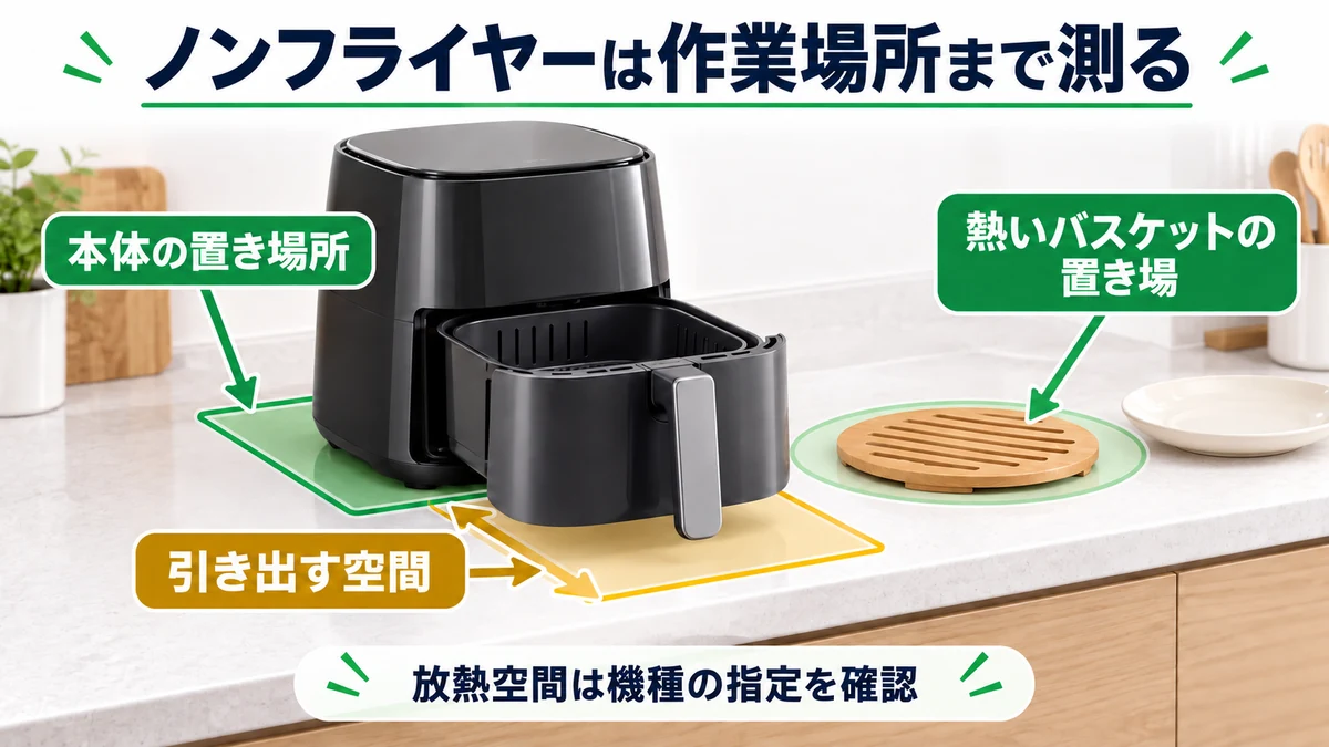 ノンフライヤーは作業場所まで測るの図解