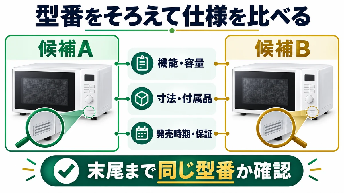 型番をそろえて仕様を比べるの図解