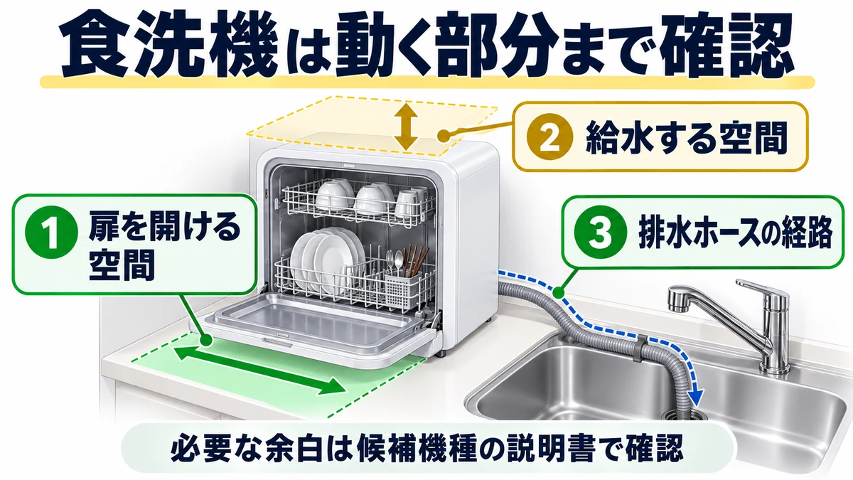 食洗機は動く部分まで確認の図解