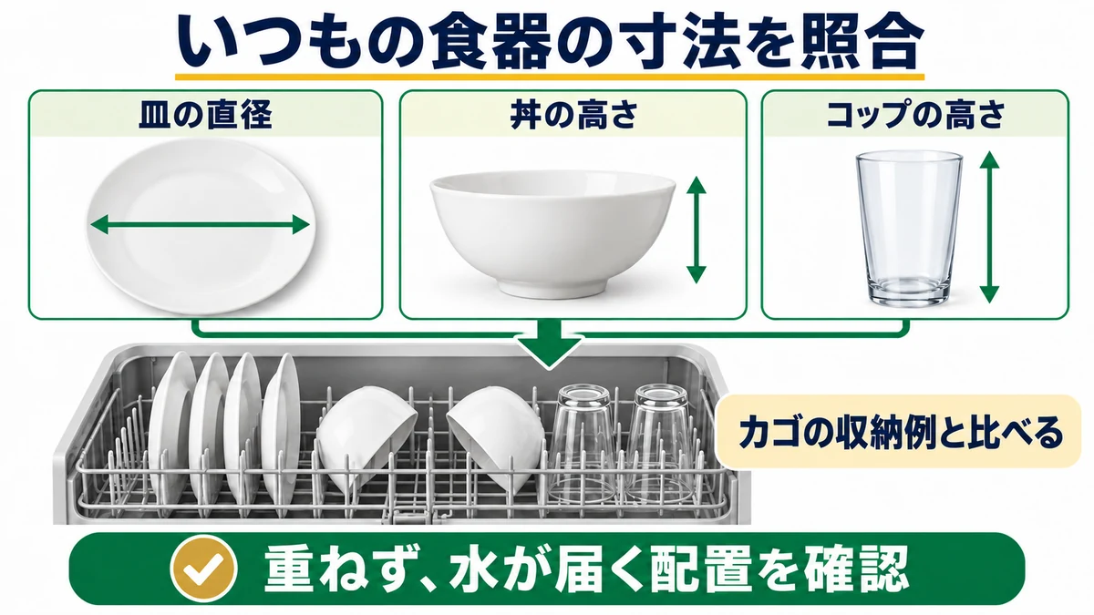 いつもの食器の寸法を照合の図解