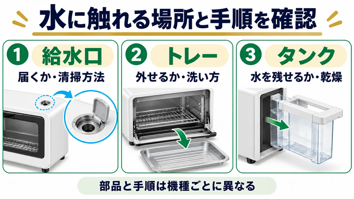 水に触れる場所と手順を確認の図解