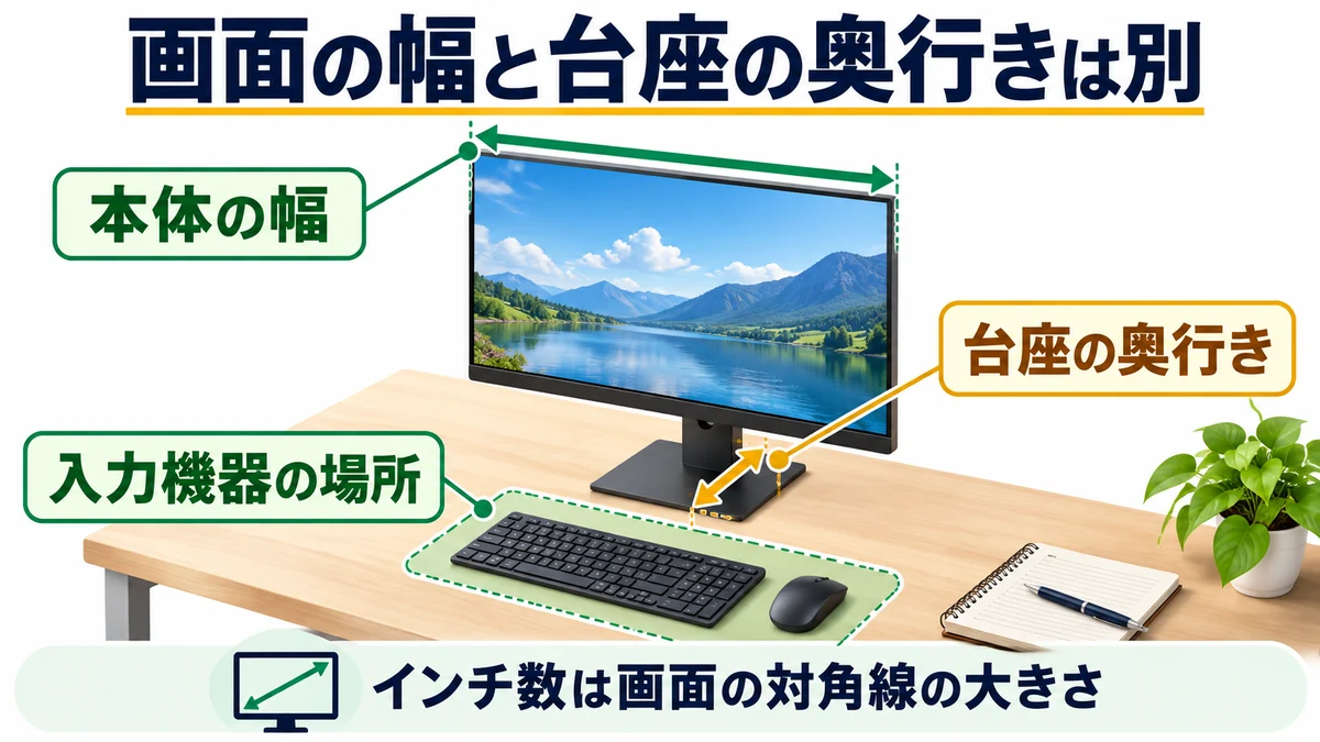 画面の幅と台座の奥行きは別の図解