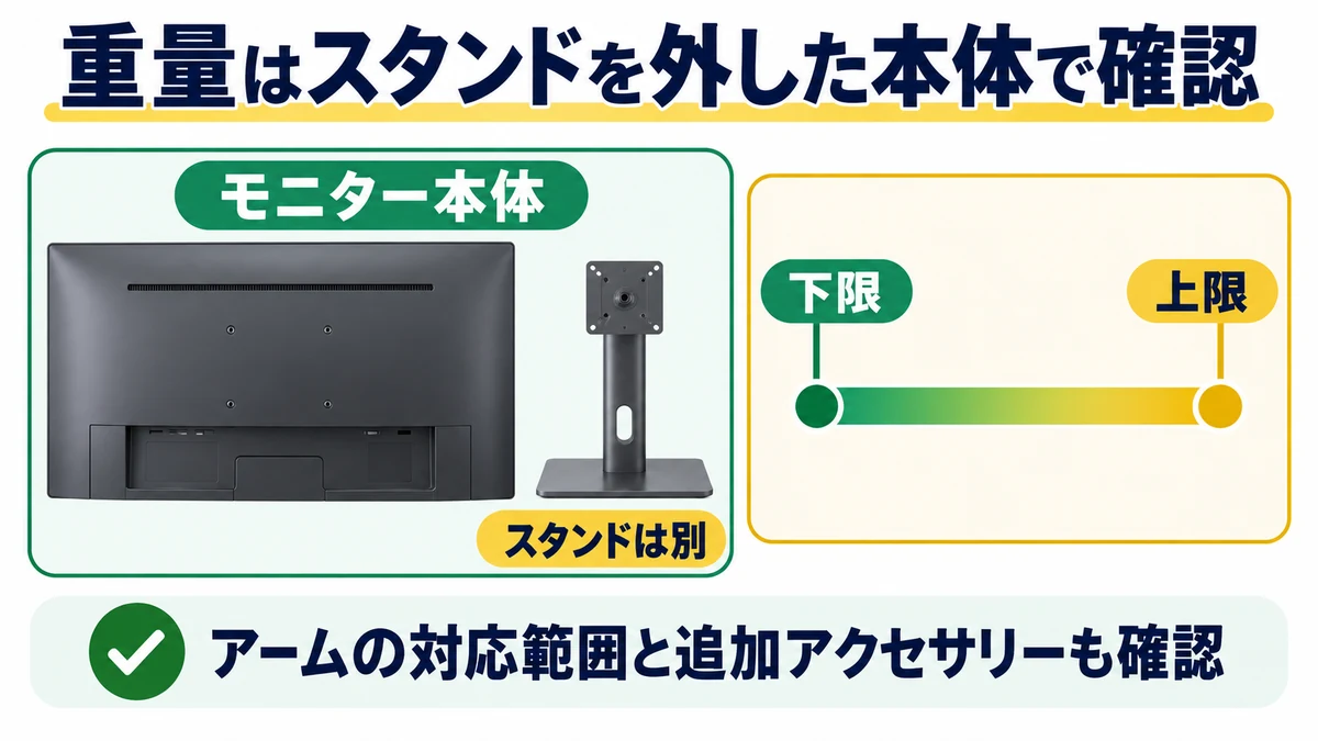 重量はスタンドを外した本体で確認の図解