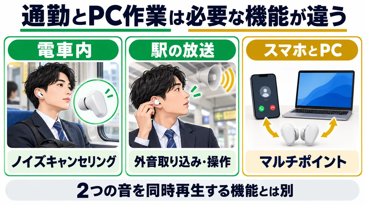 通勤とPC作業は必要な機能が違うの図解