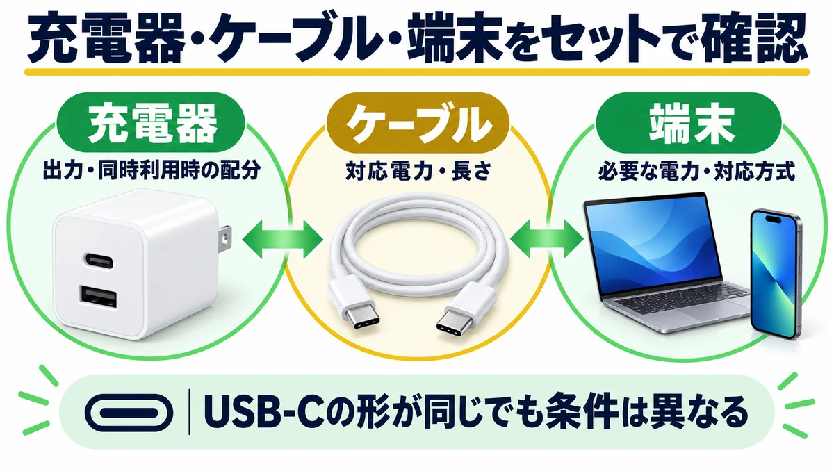 充電器・ケーブル・端末をセットで確認の図解