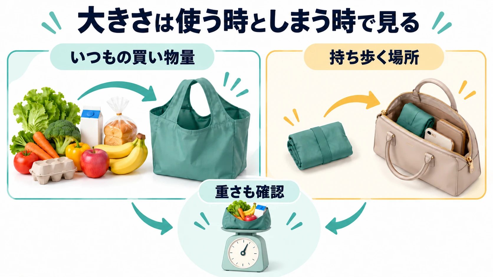 大きさは使う時としまう時で見る