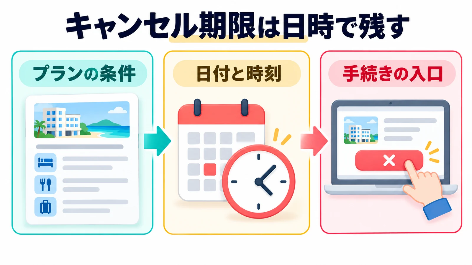 キャンセル期限は日時で残す。選んだプランの取消条件を読み、期限の日付と時刻、手続きする画面を一緒に確認します。