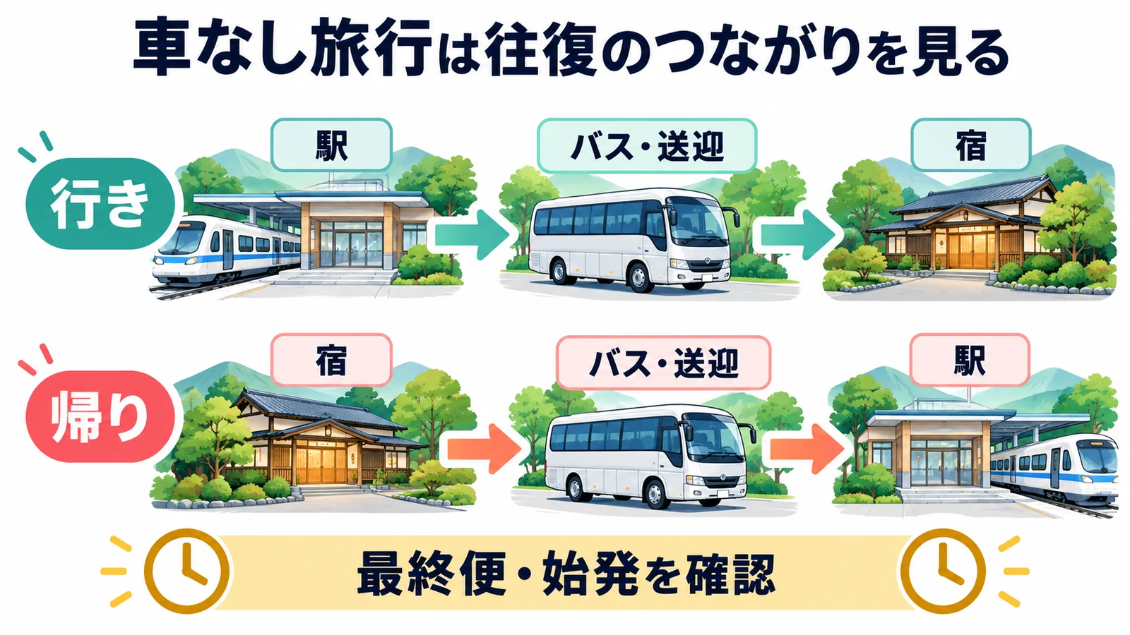 車なし旅行は往復のつながりを見る。駅と宿を結ぶ行きの最終便だけでなく、帰りの始発や乗り継ぎも旅程に合わせて確認します。