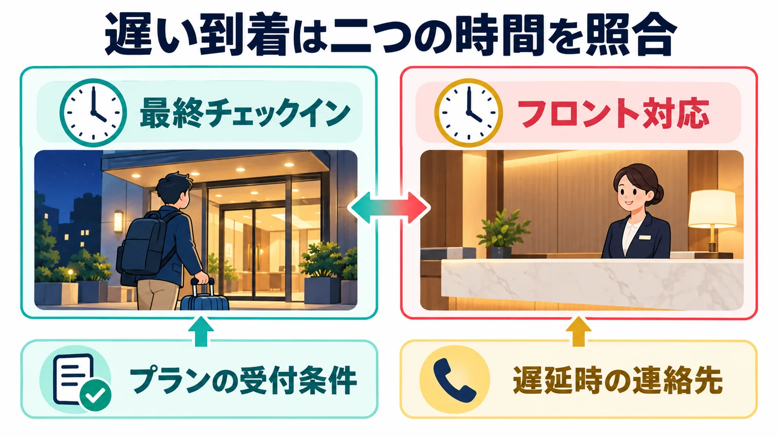 遅い到着は二つの時間を照合。プランの最終チェックイン時刻とフロントの対応時間を別々に読み、遅れた場合の連絡先を控えます。
