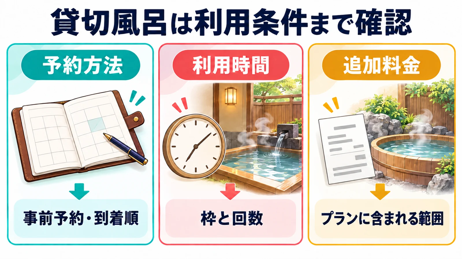 貸切風呂は利用条件まで確認。貸切風呂は予約の方法、利用できる枠と回数、追加料金の有無をプランごとに確認します。