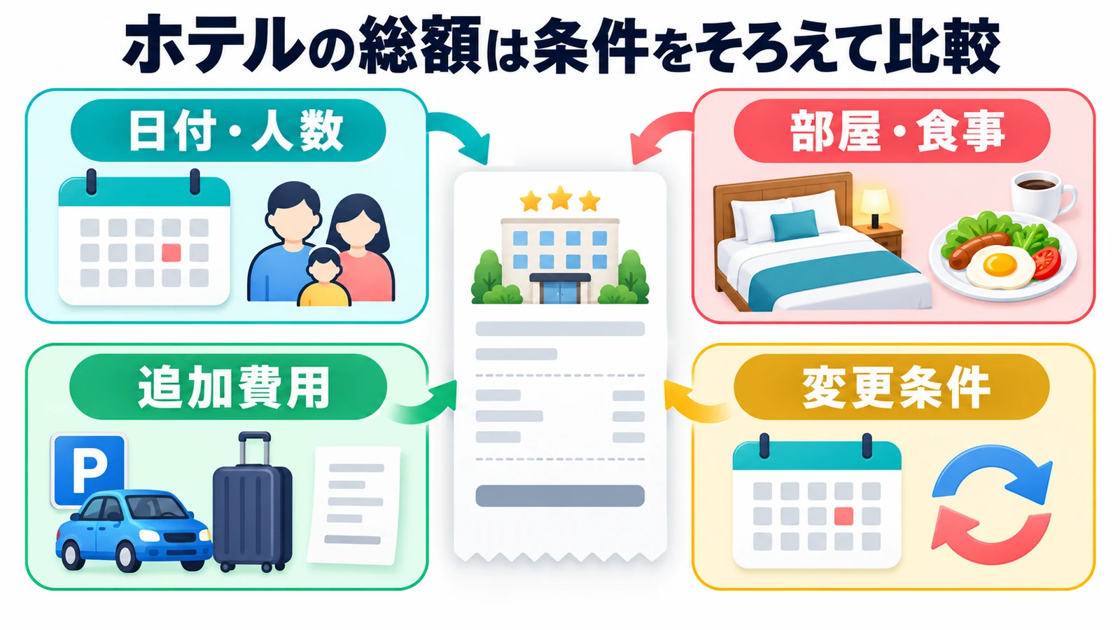 ホテルの総額は条件をそろえて比較。日付と人数、部屋と食事、追加費用、変更条件をそろえて、旅行全体の支払額を比較します。